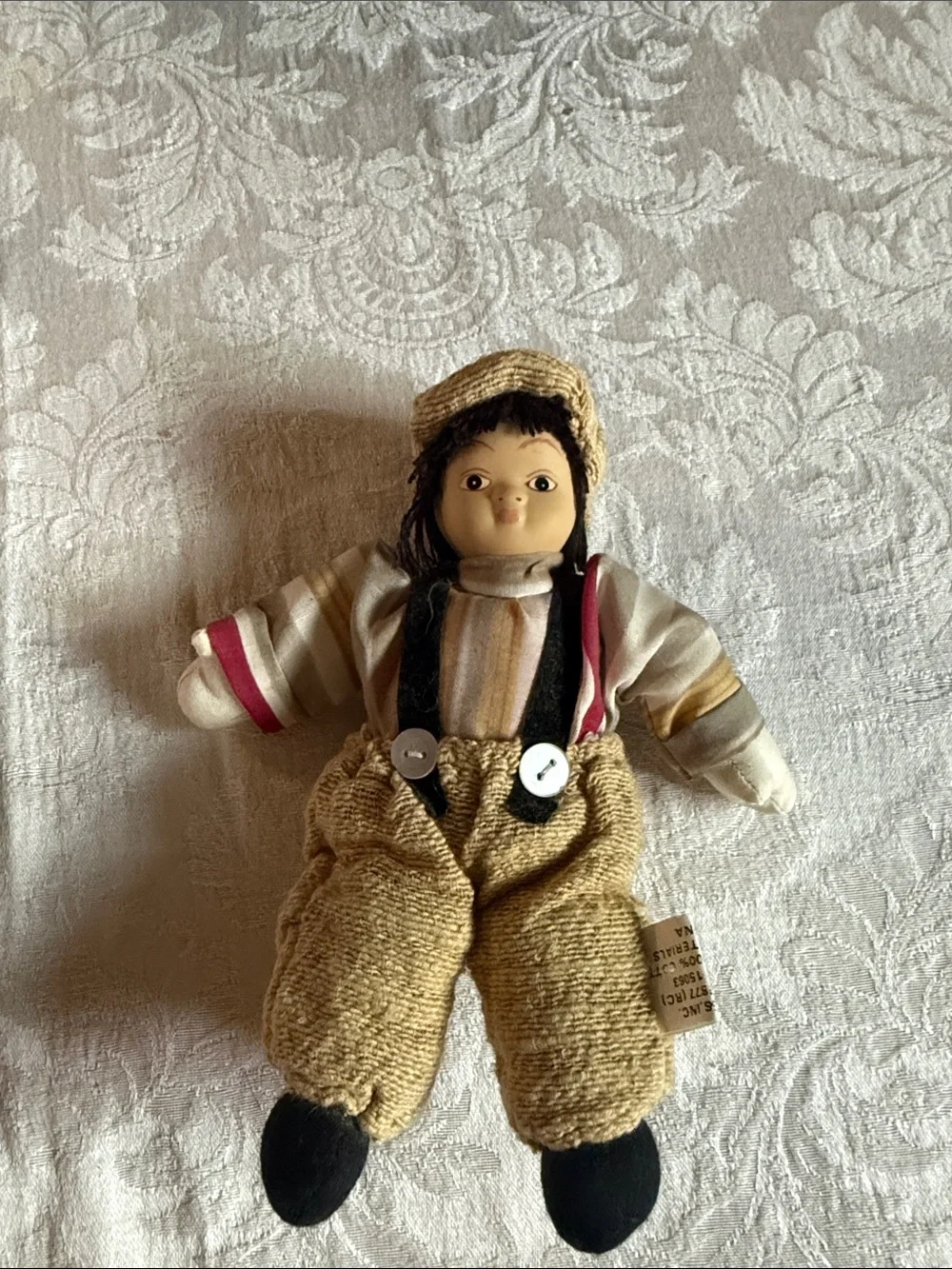 Plush Cloth Boy Doll in Beige Overalls and Striped Shirt porcelain face EUC
